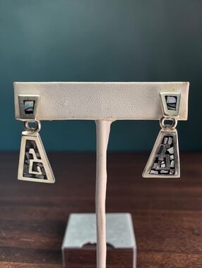 ✨ Vintage 925 Mexico Abalone Inlay Earrings – Modernist Sterling Silver